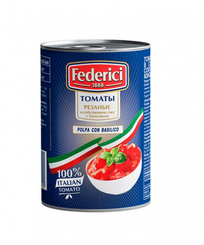 Томаты "Federici" резаные в собственном соку с базиликом, 425мл