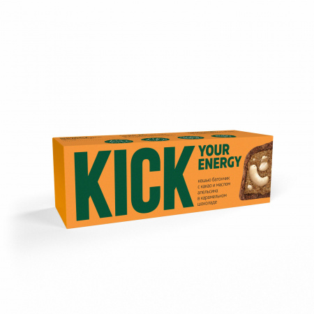 Батончик "Kick" кешью с какао и маслом апельсина в карам. шоколаде, 45 г